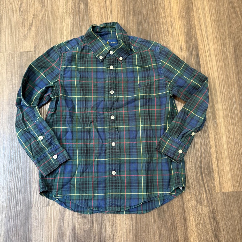 Ralph Lauren Button Down Shirt Kids 5 Green Plaid Tartan Long Sleeve Cotton